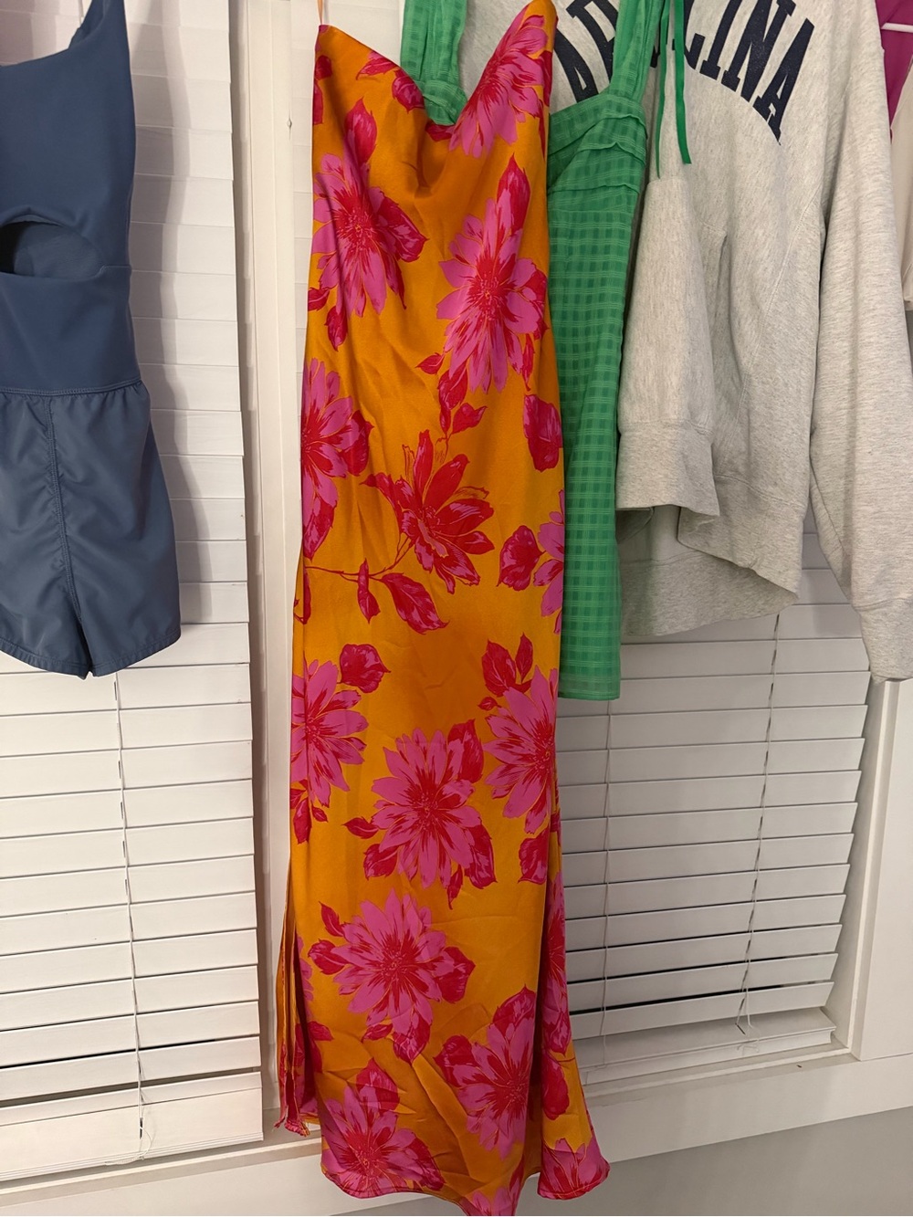 vestique Mustard Maxi Slip Dress with Pink Floral Print